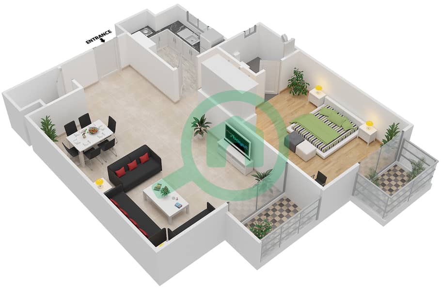 المخططات الطابقية لتصميم النموذج AH شقة 1 غرفة نوم - توباز ريزيدنس interactive3D