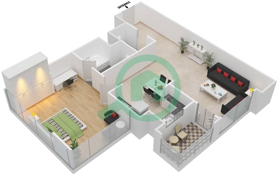 المخططات الطابقية لتصميم النموذج I شقة 1 غرفة نوم - توباز ريزيدنس interactive3D