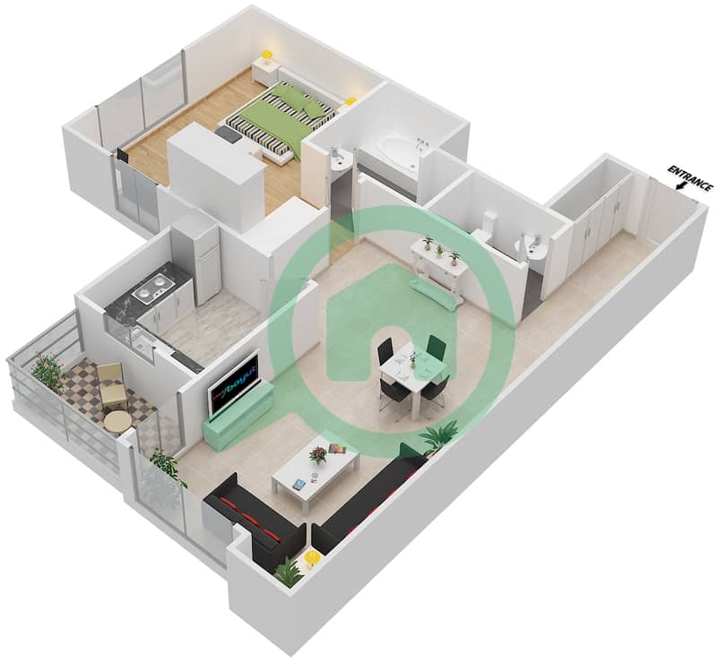 المخططات الطابقية لتصميم النموذج O شقة 1 غرفة نوم - توباز ريزيدنس interactive3D