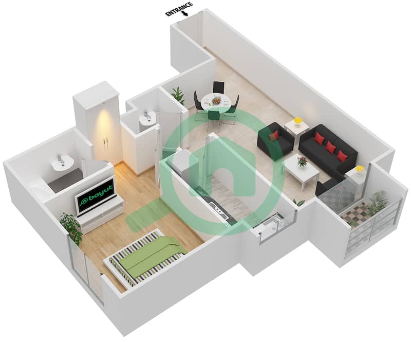المخططات الطابقية لتصميم النموذج P شقة 1 غرفة نوم - توباز ريزيدنس interactive3D