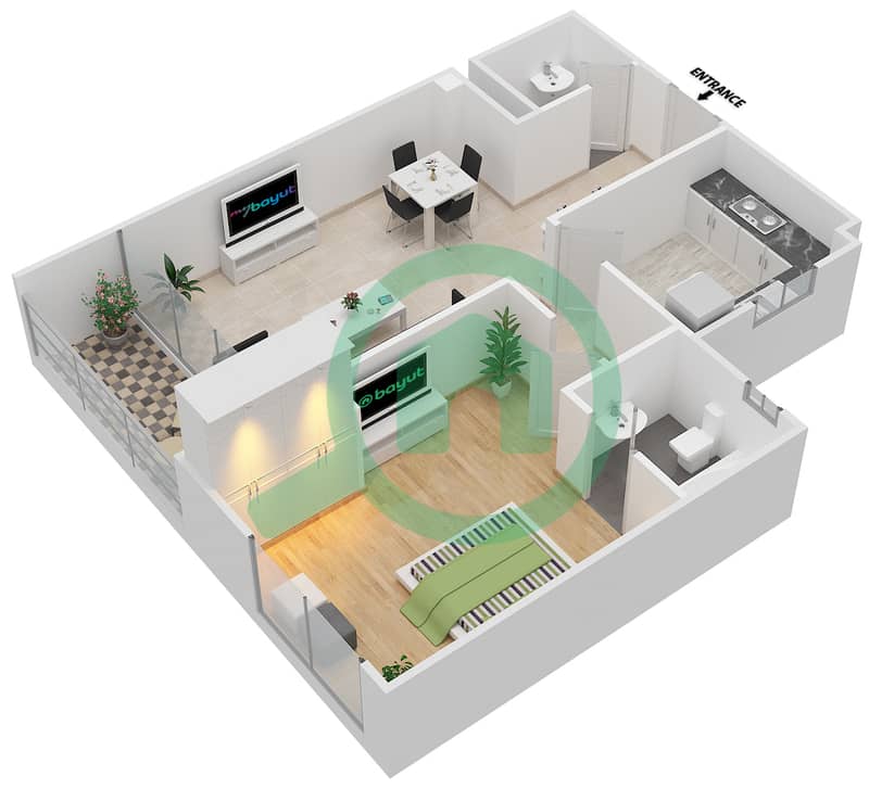 黄玉公寓 - 1 卧室公寓类型R戶型图 interactive3D
