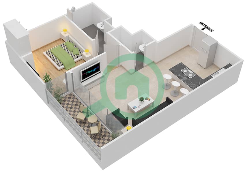 المخططات الطابقية لتصميم النموذج S شقة 1 غرفة نوم - توباز ريزيدنس interactive3D