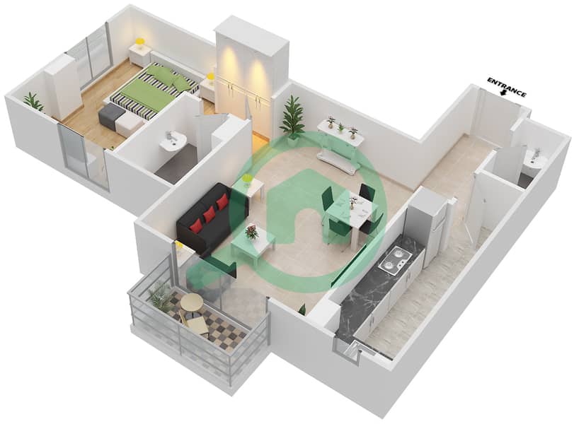 المخططات الطابقية لتصميم النموذج T شقة 1 غرفة نوم - توباز ريزيدنس interactive3D