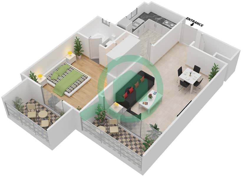 黄玉公寓 - 1 卧室公寓类型U戶型图 interactive3D