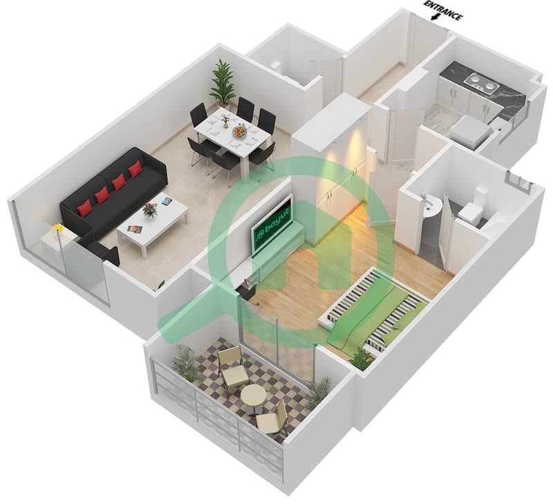المخططات الطابقية لتصميم النموذج V شقة 1 غرفة نوم - توباز ريزيدنس interactive3D
