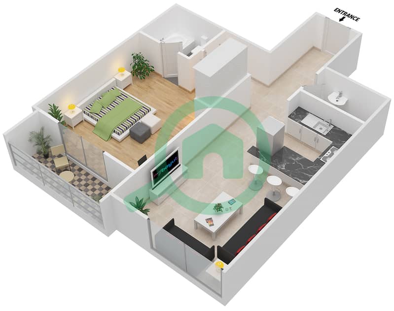 المخططات الطابقية لتصميم النموذج W شقة 1 غرفة نوم - توباز ريزيدنس interactive3D