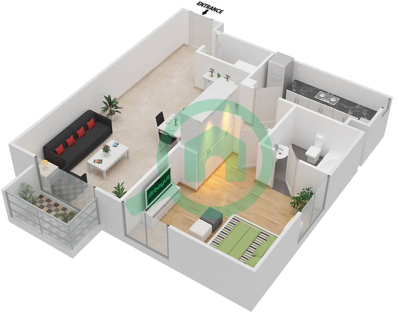 المخططات الطابقية لتصميم النموذج X شقة 1 غرفة نوم - توباز ريزيدنس interactive3D