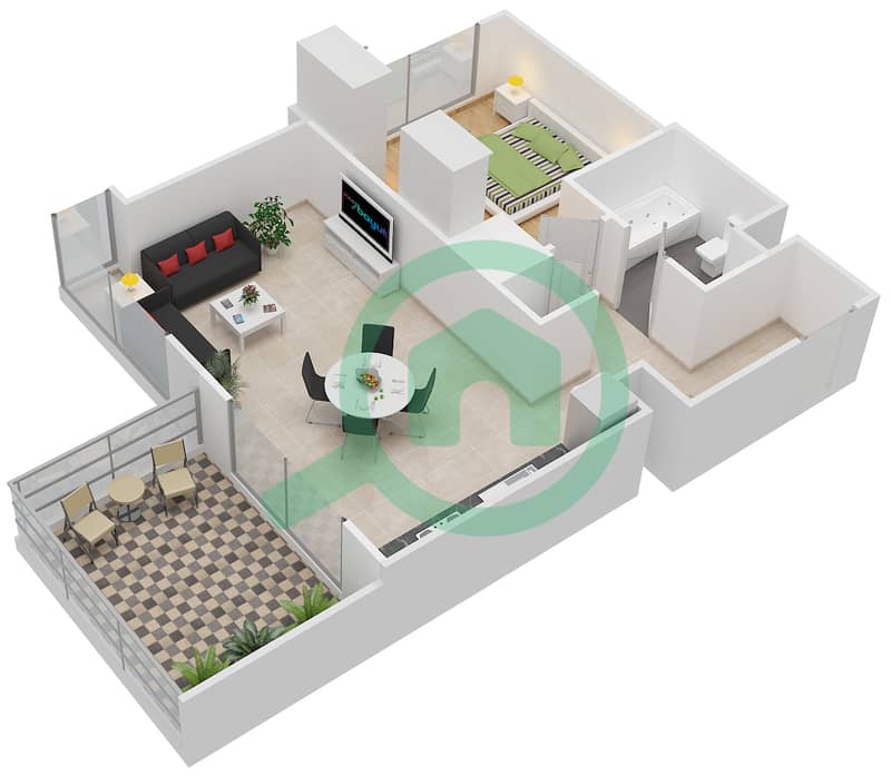 المخططات الطابقية لتصميم الوحدة 6 شقة 1 غرفة نوم - كريك رايز Floor 2-16 interactive3D