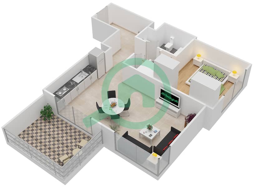 المخططات الطابقية لتصميم الوحدة 8 شقة 1 غرفة نوم - كريك رايز Floor 18-36 interactive3D