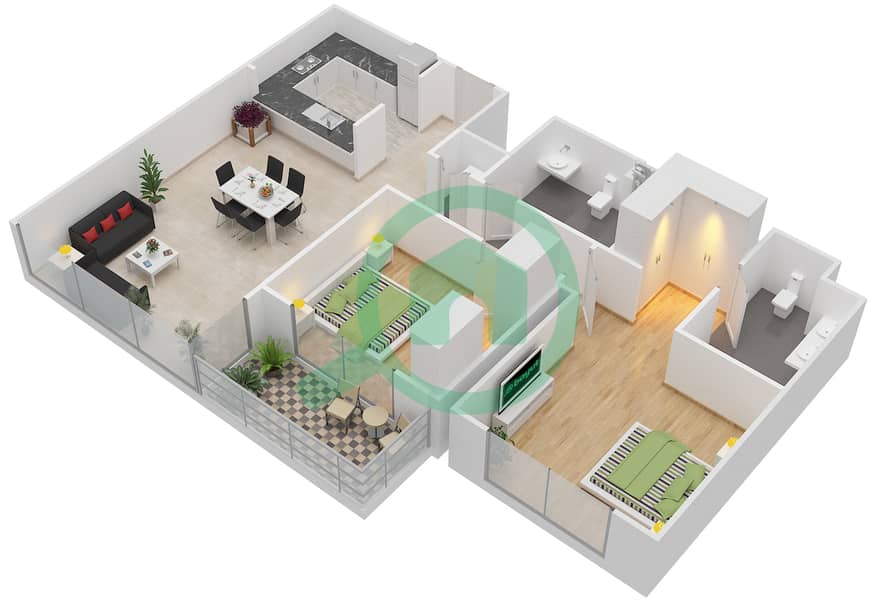 المخططات الطابقية لتصميم الوحدة 6-7 شقة 2 غرفة نوم - كريك رايز Floor 2-16-18-36 interactive3D