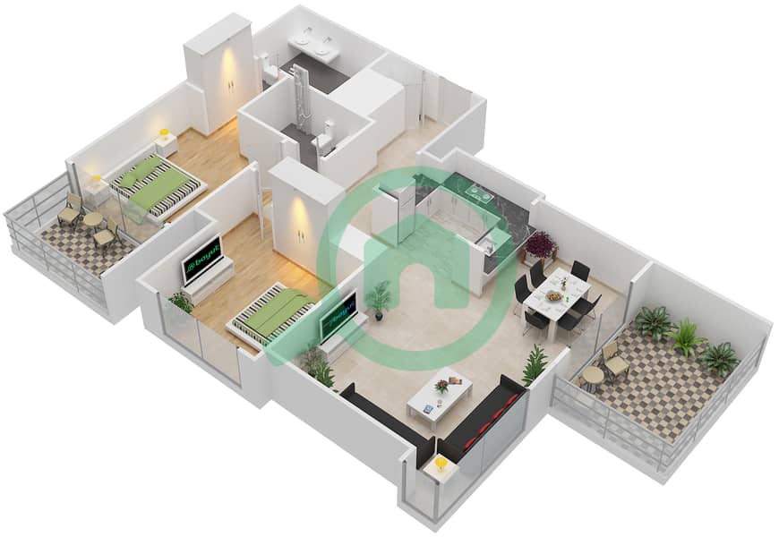 المخططات الطابقية لتصميم الوحدة 9 شقة 2 غرفة نوم - كريك رايز Floor 2-16 interactive3D