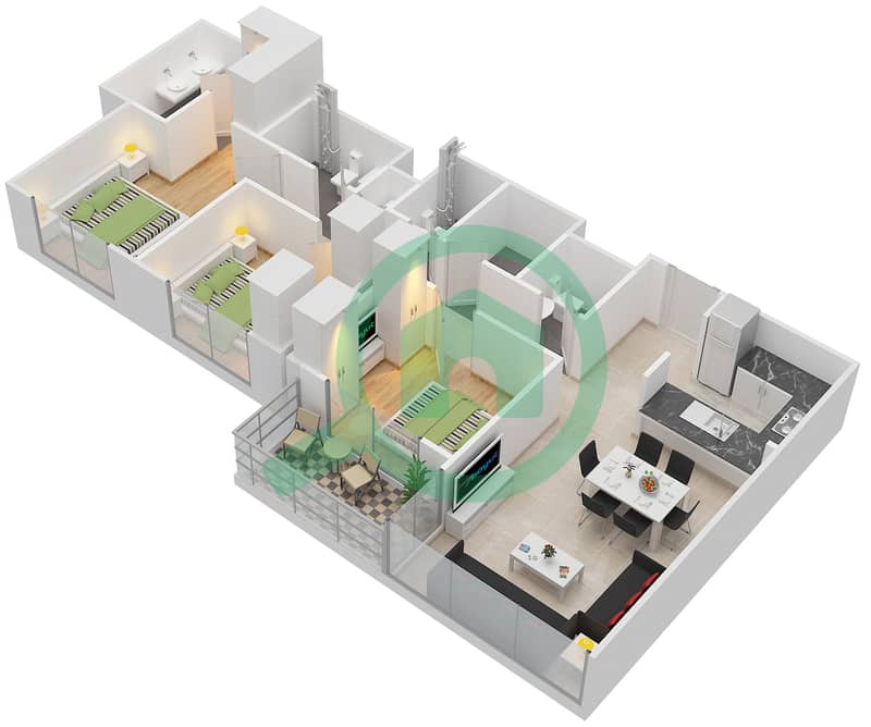 المخططات الطابقية لتصميم الوحدة 3 شقة 3 غرف نوم - كريك رايز Floor 18-36 interactive3D