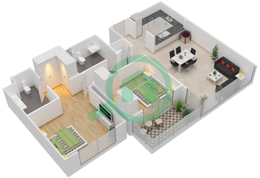 المخططات الطابقية لتصميم الوحدة 3 شقة 2 غرفة نوم - كريك رايز Floor 2-16 interactive3D