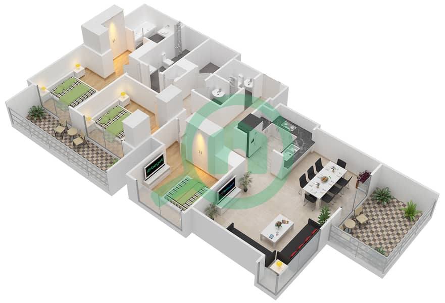 المخططات الطابقية لتصميم الوحدة 1 شقة 3 غرف نوم - كريك رايز Floor 18-36 interactive3D