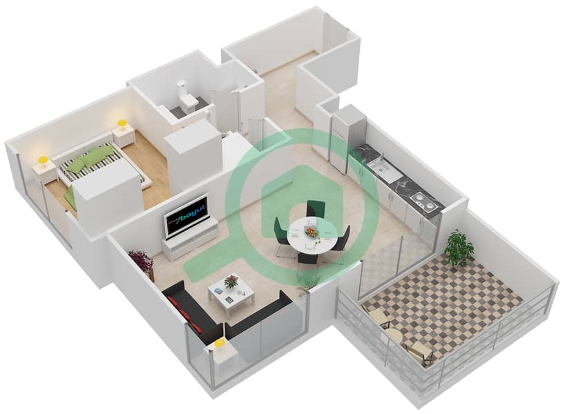 المخططات الطابقية لتصميم الوحدة 5 FLOOR 18-36 شقة 1 غرفة نوم - كريك رايز Floor 18-36 interactive3D