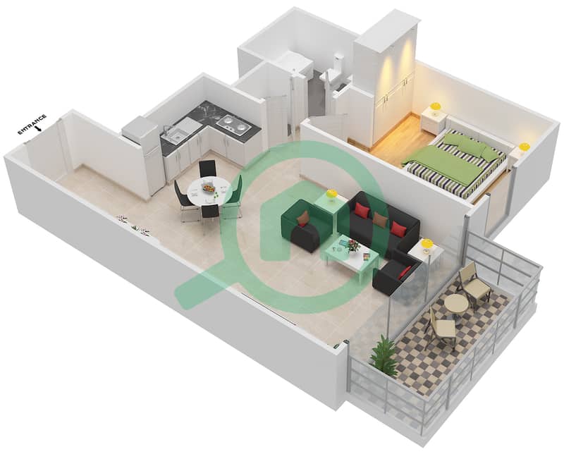 المخططات الطابقية لتصميم الوحدة 4 FLOOR 19-28 شقة 1 غرفة نوم - برج كريك هورايزون 2 Floor 19-28 interactive3D