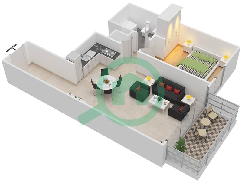المخططات الطابقية لتصميم الوحدة 6 FLOOR 2-17 شقة 1 غرفة نوم - برج كريك هورايزون 1 Floor 2-17 interactive3D
