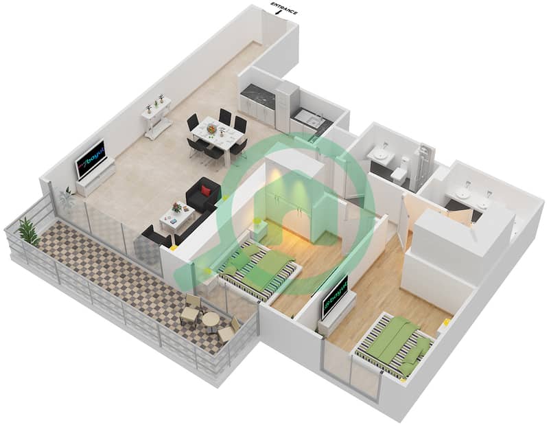 Creek Horizon Tower 1 - 2 Bedroom Apartment Unit 1 FLOOR 2-17 Floor plan Floor 2-17 interactive3D