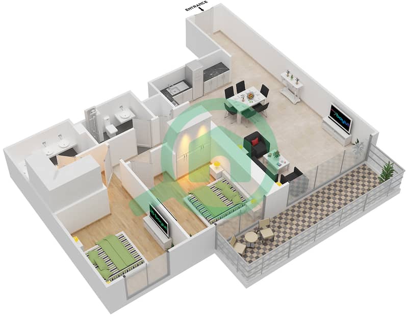 المخططات الطابقية لتصميم الوحدة 1 FLOOR 19-28 شقة 2 غرفة نوم - برج كريك هورايزون 2 Floor 19-28 interactive3D