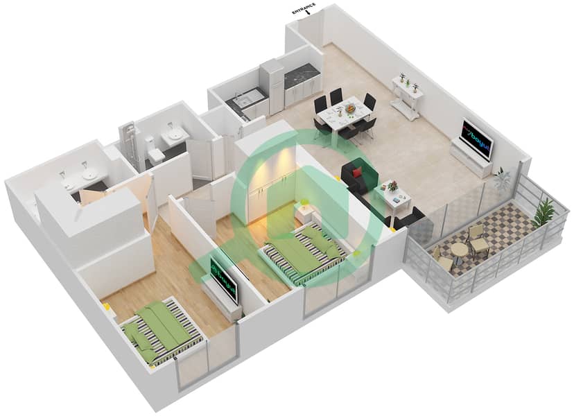 المخططات الطابقية لتصميم الوحدة 3 FLOOR 19-28 شقة 2 غرفة نوم - برج كريك هورايزون 2 Floor 19-28 interactive3D