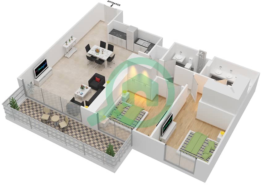 المخططات الطابقية لتصميم الوحدة 8 FLOOR 19-28 شقة 2 غرفة نوم - برج كريك هورايزون 2 Floor 19-28 interactive3D