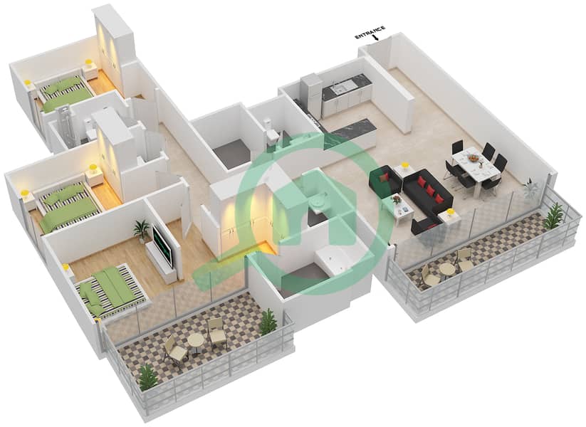 Creek Horizon Tower 1 - 3 Bedroom Apartment Unit 2 FLOOR 2-17 Floor plan Floor 2-17 interactive3D
