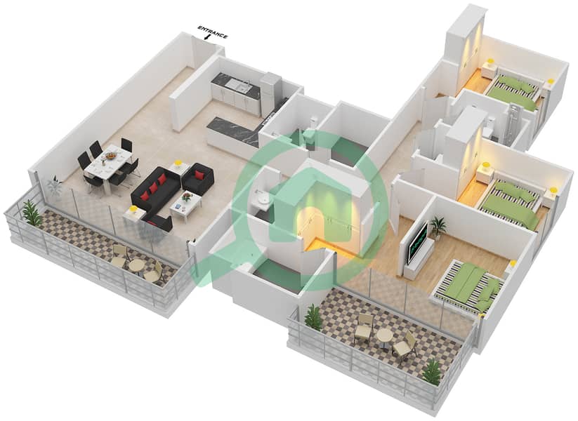 المخططات الطابقية لتصميم الوحدة 2 FLOOR 19-28 شقة 3 غرف نوم - برج كريك هورايزون 2 Floor 19-28 interactive3D