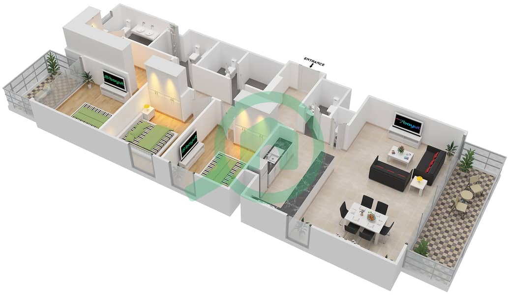 المخططات الطابقية لتصميم الوحدة 7 FLOOR 19-28 شقة 3 غرف نوم - برج كريك هورايزون 2 Floor 19-28 interactive3D
