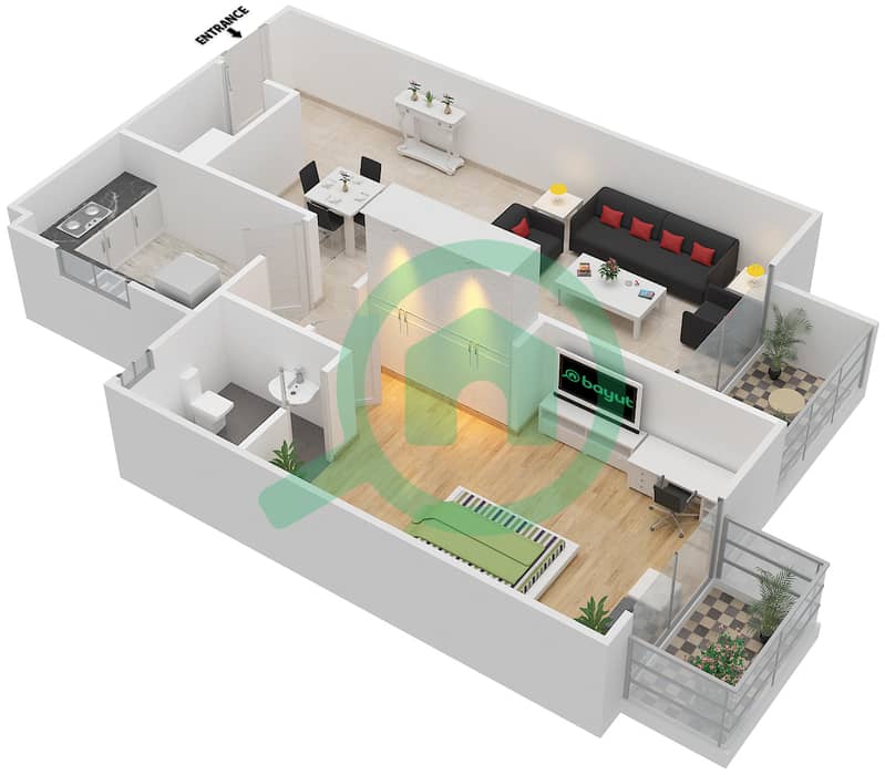 المخططات الطابقية لتصميم النموذج Y شقة 1 غرفة نوم - توباز ريزيدنس interactive3D