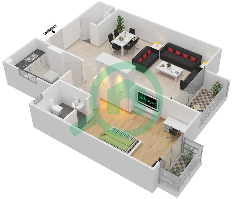 المخططات الطابقية لتصميم النموذج Z شقة 1 غرفة نوم - توباز ريزيدنس interactive3D