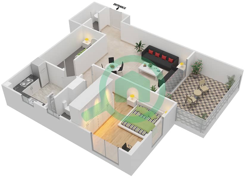 المخططات الطابقية لتصميم الوحدة 4 شقة 1 غرفة نوم - توباز بريميم ريزيدنس interactive3D