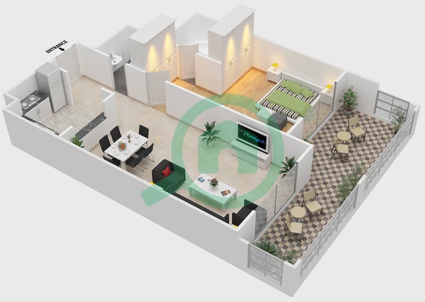المخططات الطابقية لتصميم الوحدة 14 شقة 1 غرفة نوم - توباز بريميم ريزيدنس interactive3D