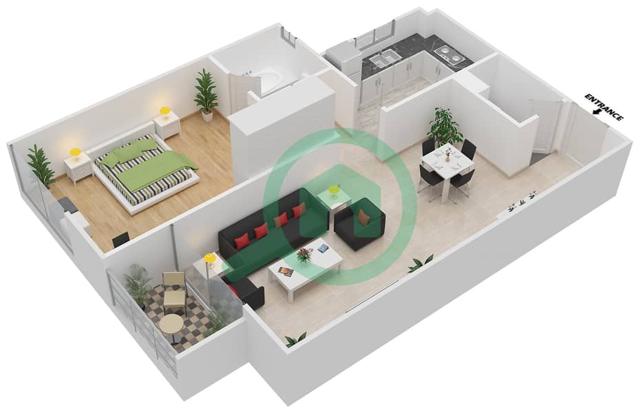 المخططات الطابقية لتصميم النموذج A شقة 1 غرفة نوم - توباز ريزيدنس interactive3D