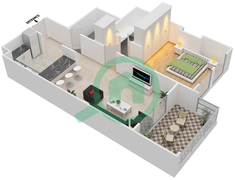 المخططات الطابقية لتصميم النموذج M شقة 1 غرفة نوم - توباز ريزيدنس 3 interactive3D