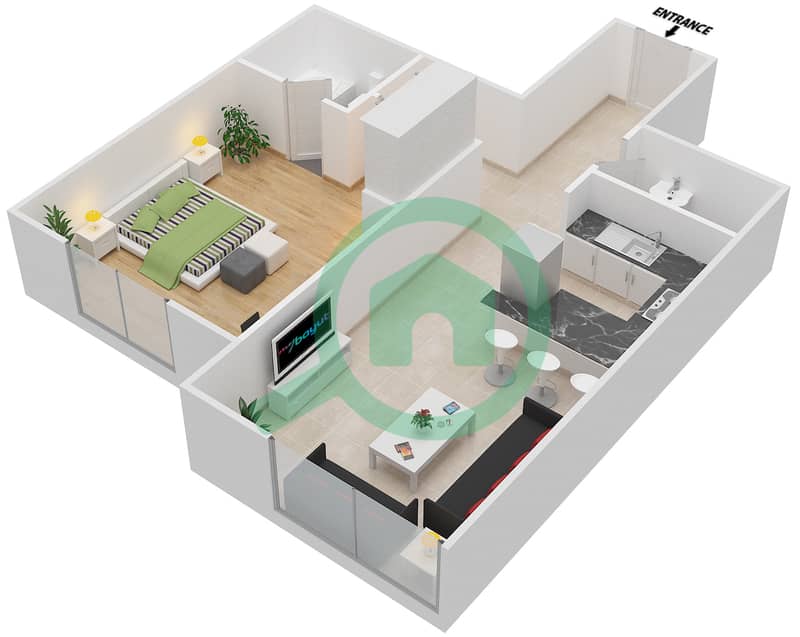 المخططات الطابقية لتصميم النموذج L شقة 1 غرفة نوم - توباز ريزيدنس interactive3D
