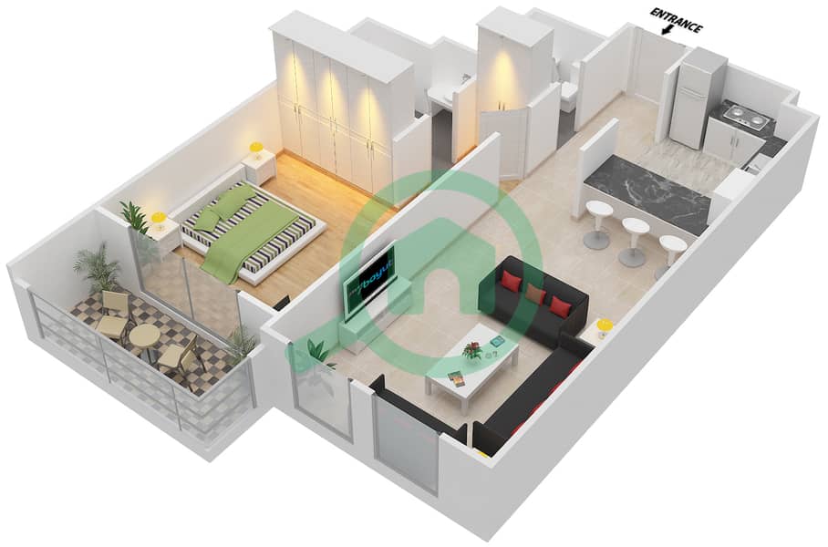 المخططات الطابقية لتصميم النموذج L شقة 1 غرفة نوم - توباز ريزيدنس 3 interactive3D