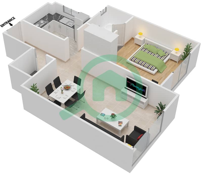 Топаз Резиденс - Апартамент 1 Спальня планировка Тип K interactive3D