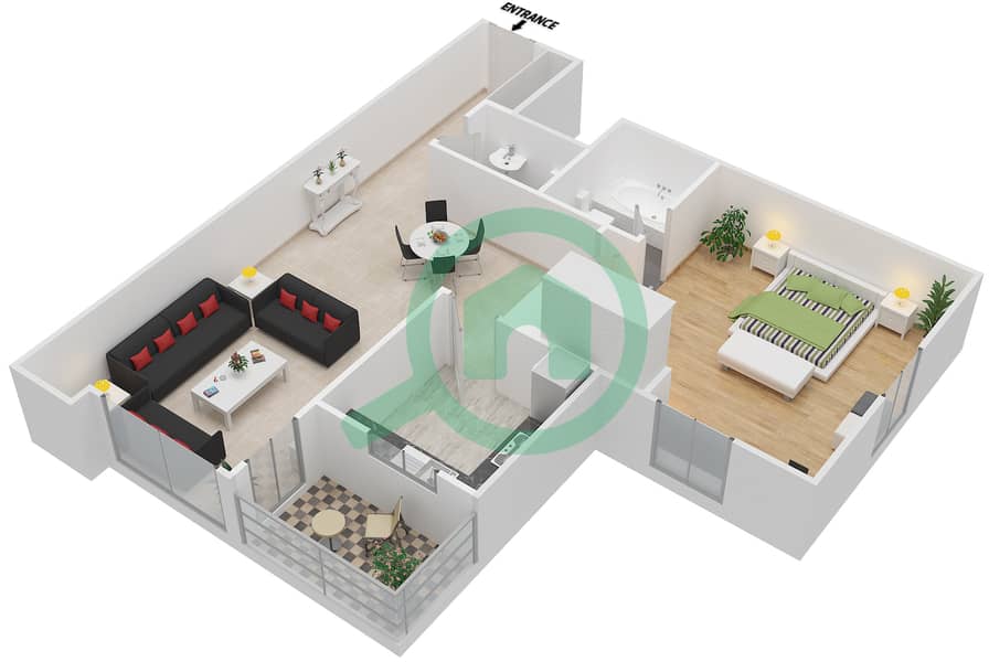 المخططات الطابقية لتصميم النموذج K شقة 1 غرفة نوم - توباز ريزيدنس 3 interactive3D