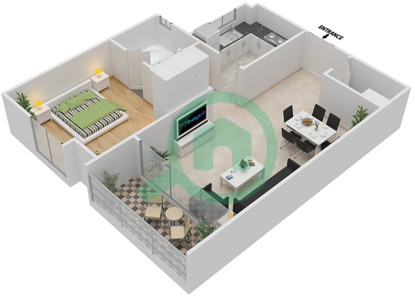المخططات الطابقية لتصميم النموذج J شقة 1 غرفة نوم - توباز ريزيدنس interactive3D