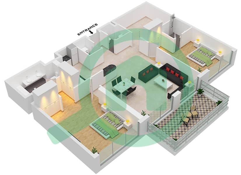 المخططات الطابقية لتصميم النموذج C شقة 2 غرفة نوم - أوشيانا باسيفيك interactive3D