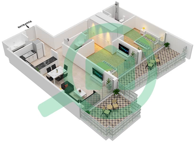 المخططات الطابقية لتصميم الوحدة 217 شقة 2 غرفة نوم - فلل مايرا interactive3D