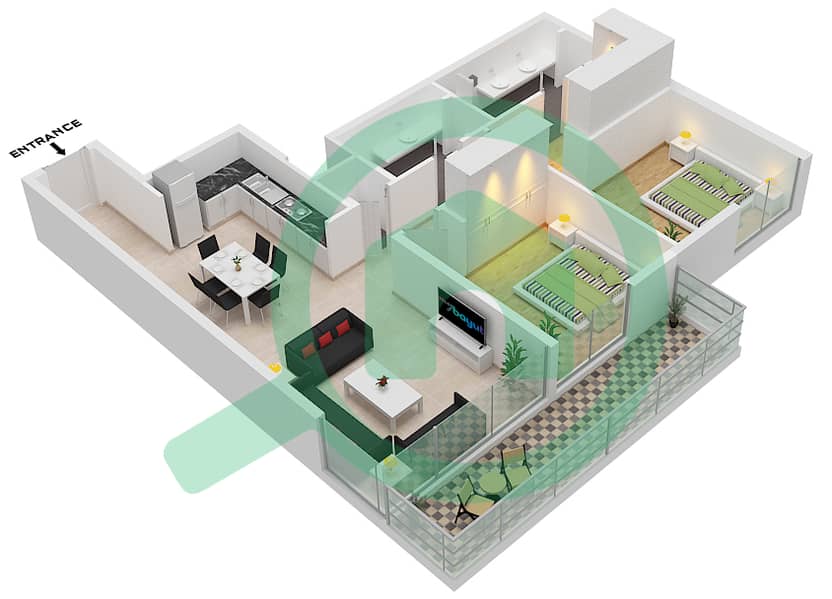 المخططات الطابقية لتصميم النموذج / الوحدة 4/3,6 شقة 2 غرفة نوم - سي شور ريزيدنسيز Floor 2,3,6,7,9,11,13,14,15 interactive3D