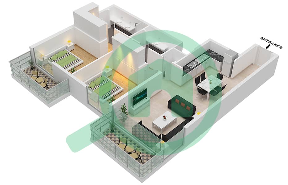 المخططات الطابقية لتصميم النموذج / الوحدة 4A/3,6 شقة 2 غرفة نوم - سي شور ريزيدنسيز Floor 4,5,8,10,12 interactive3D