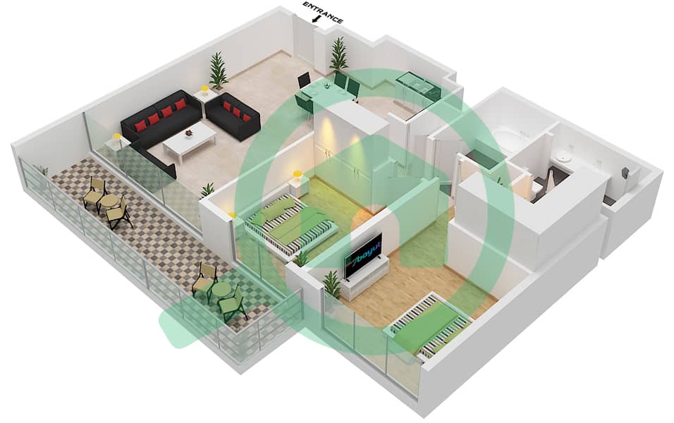 المخططات الطابقية لتصميم النموذج / الوحدة 8/1 FLOOR 2,3,6,7 شقة 2 غرفة نوم - سي شور ريزيدنسيز Floor 2,3,6,7 interactive3D