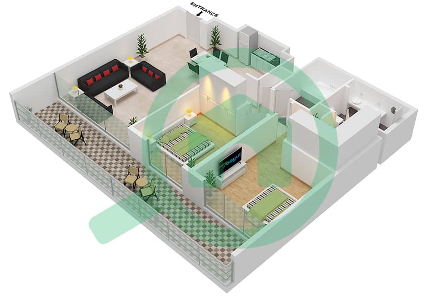 海滨公寓 - 2 卧室公寓类型／单位8A/1 FLOOR 1戶型图 Floor 1 interactive3D