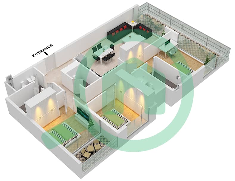 Резиденции на Берегу Моря - Апартамент 3 Cпальни планировка Тип/мера 3,3A/2 Floor 2,3,6,7,9,11,13,14,15 interactive3D