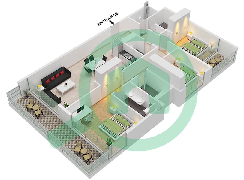 المخططات الطابقية لتصميم النموذج / الوحدة 3D/7 شقة 3 غرف نوم - سي شور ريزيدنسيز Floor 9,11,13,14,15 interactive3D
