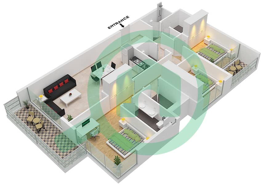 Резиденции на Берегу Моря - Апартамент 3 Cпальни планировка Тип/мера 3E/7 FLOOR 8,10,12 Floor 8,10,12 interactive3D