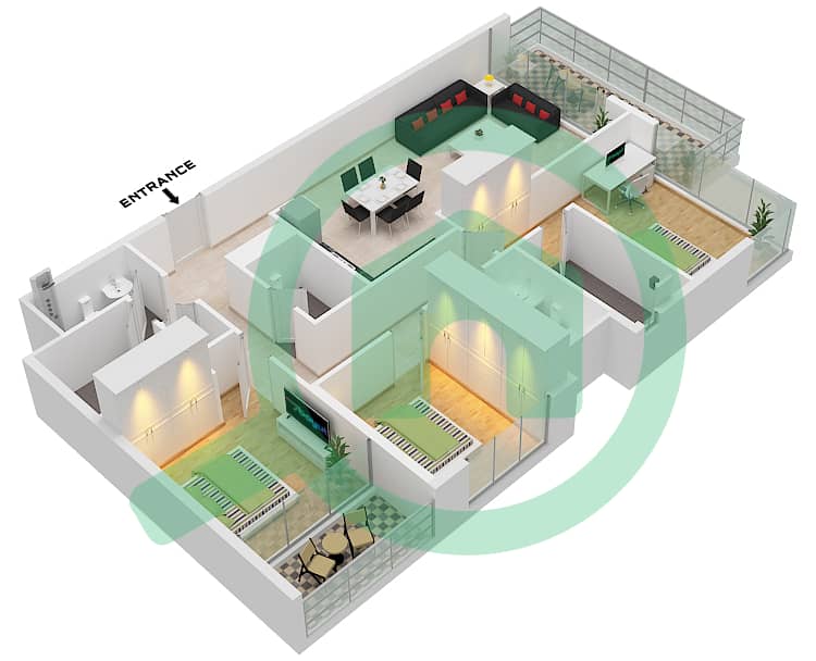 المخططات الطابقية لتصميم النموذج / الوحدة 3B/2 شقة 3 غرف نوم - سي شور ريزيدنسيز Floor 4,5,8,10,12 interactive3D