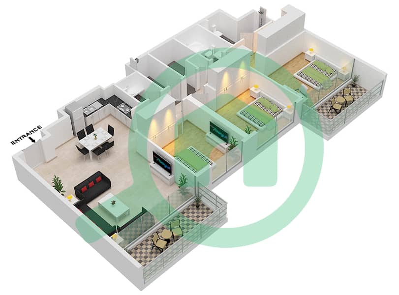 المخططات الطابقية لتصميم النموذج / الوحدة 6/1 شقة 3 غرف نوم - سي شور ريزيدنسيز Floor 8,10,12 interactive3D